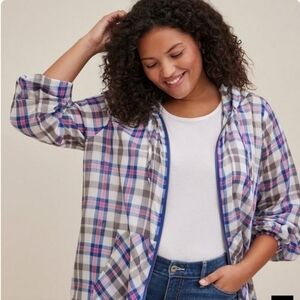 Torrid Long Line Zip-Up Voile Plaid Hooded Jacket Size 2